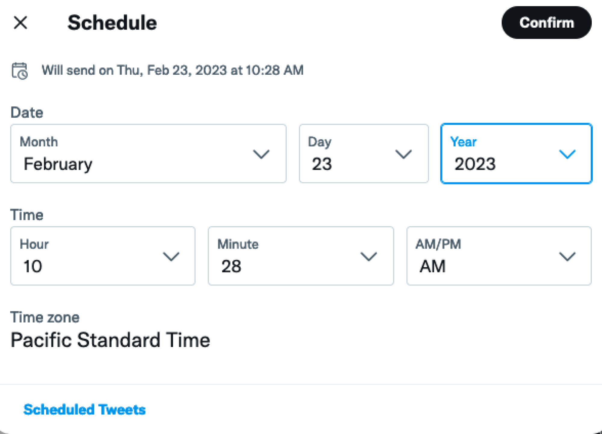 Capture d'écran de la fonctionnalité de calendrier des tweets de Twitter.