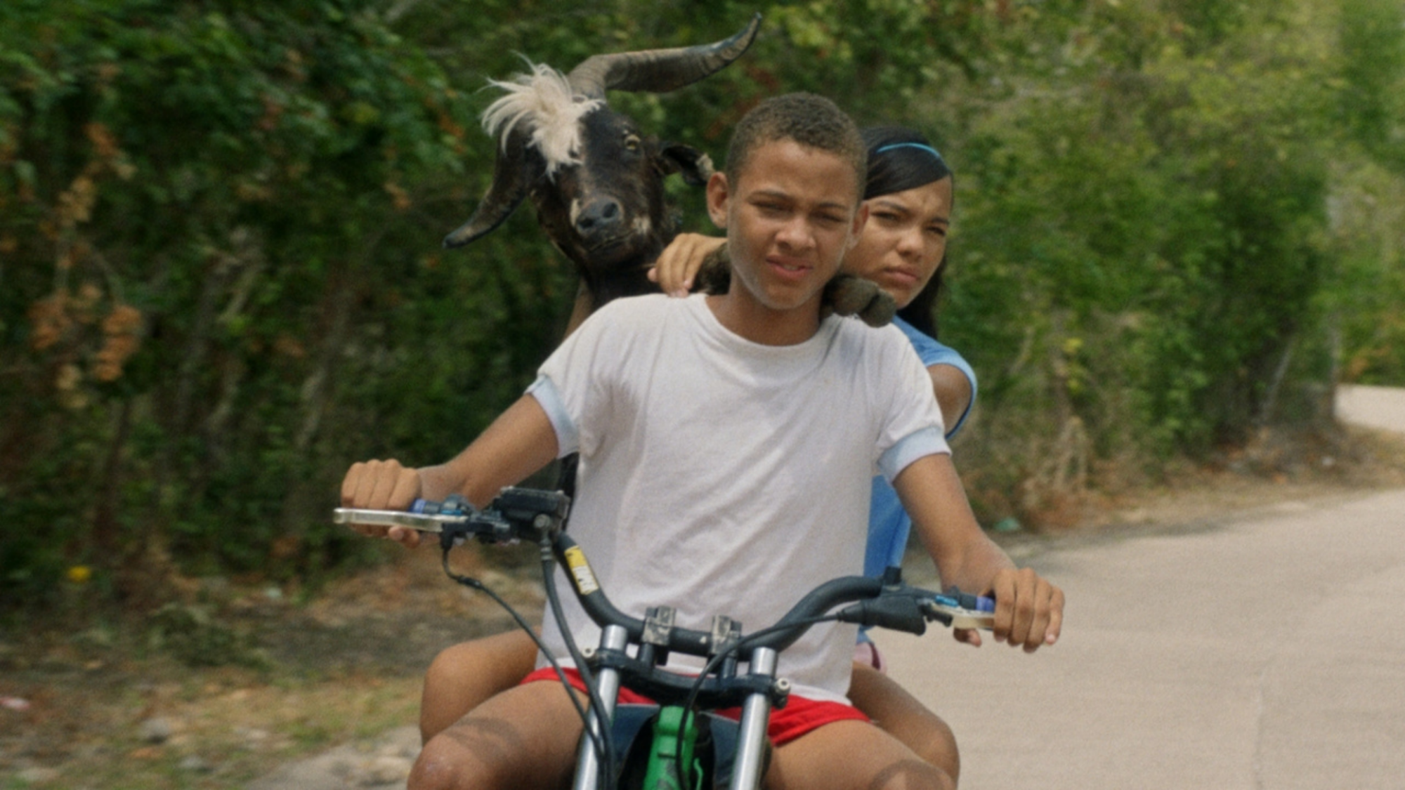 Une scène montrant deux enfants et une chèvre sur un vélo dans 'Bad Lucky Goat'.