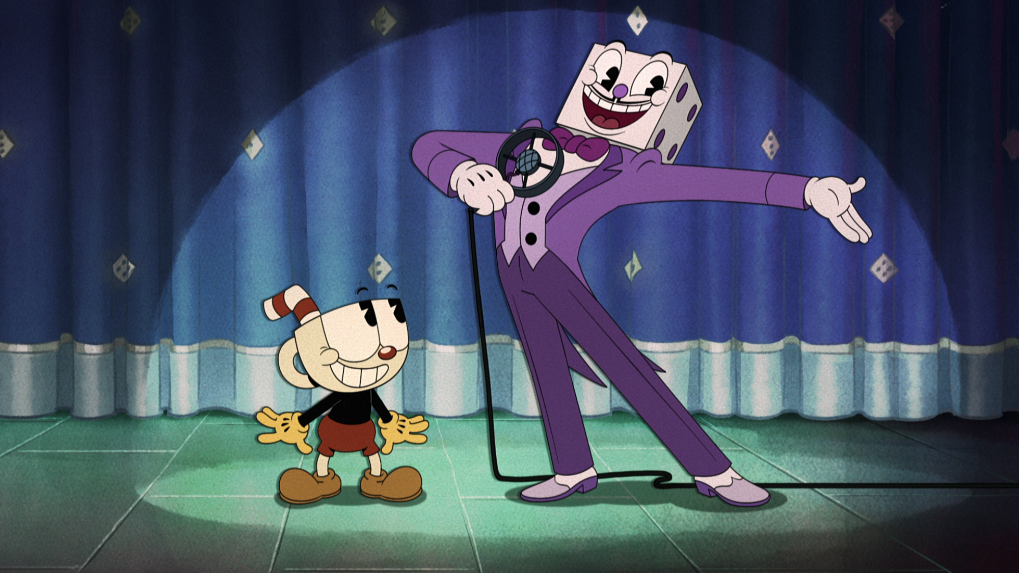 Cuphead, exprimé par True Valentino, et King Dice, exprimé par Wayne Brady, dans 