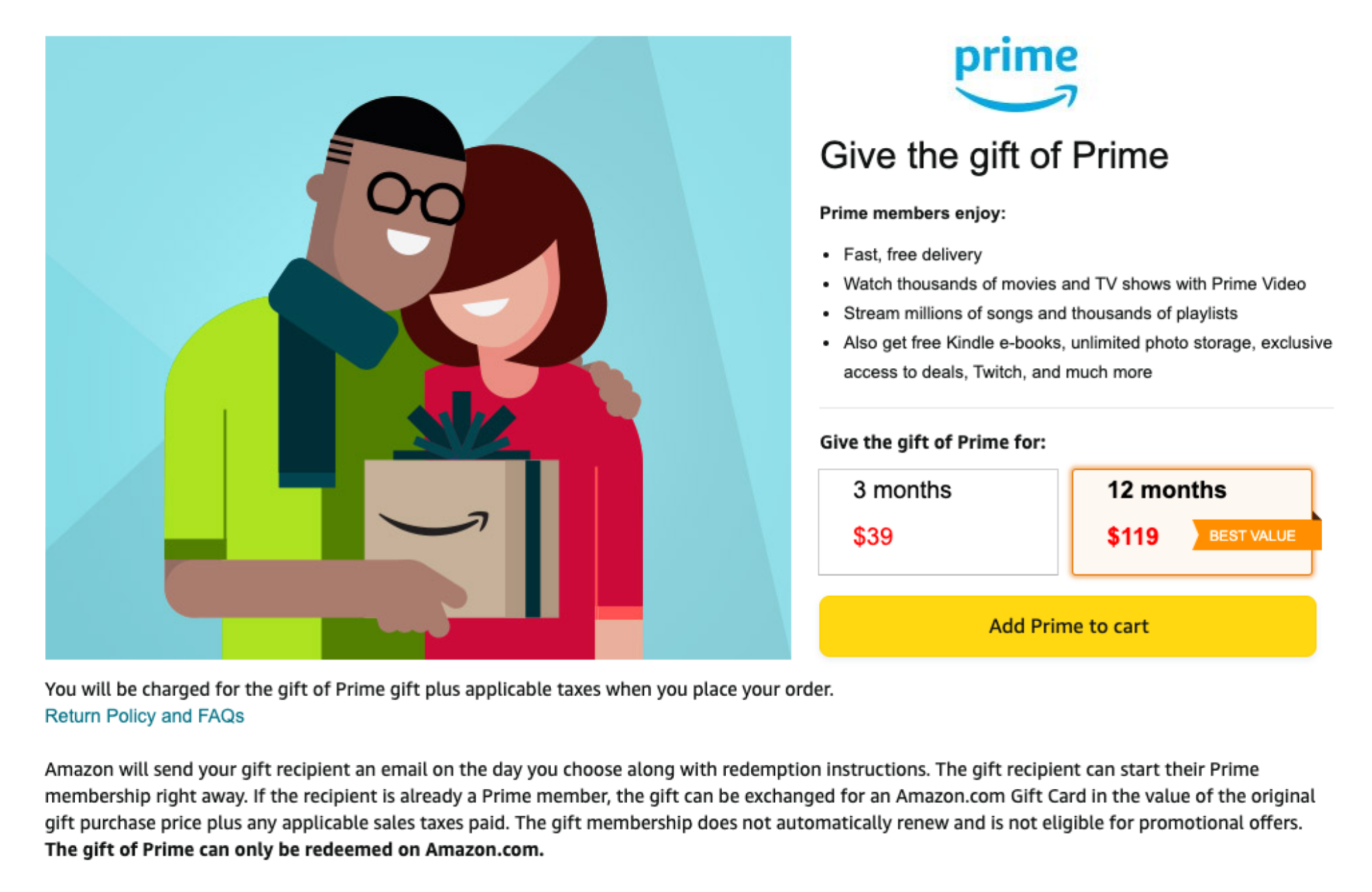 page de destination de l'abonnement cadeau amazon prime