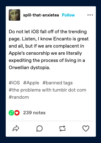 Capture d'écran d'un message texte de Tumblr protestant contre l'interdiction des balises iOS