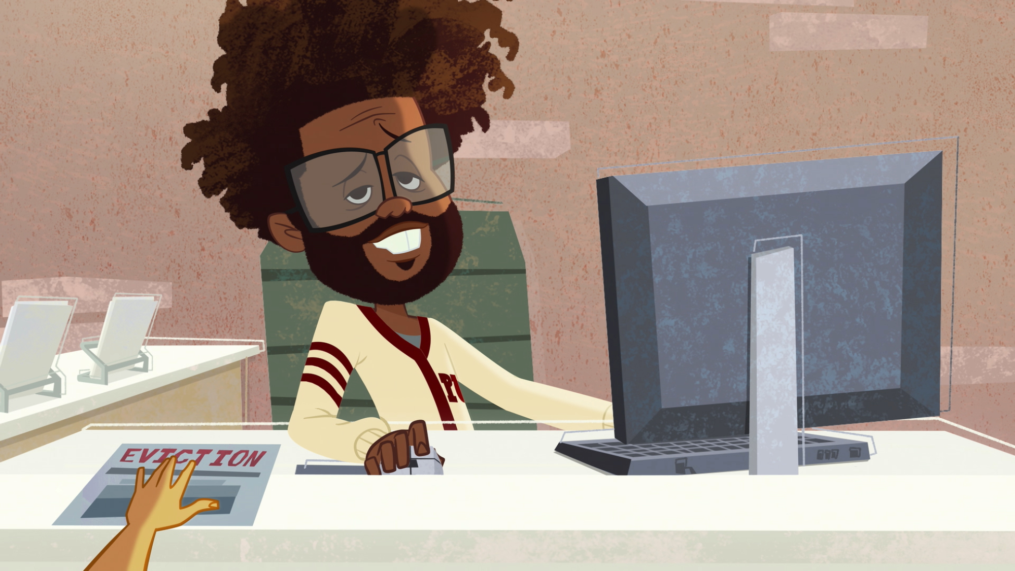 Une version animée de Jaden Smith assis à un bureau devant un ordinateur ;  un alambic de 