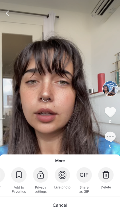 Capture d'écran affichant les options sur une vidéo TikTok