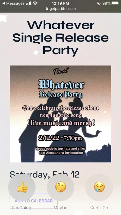 Une capture d'écran d'une invitation à une seule release party sur Partiful