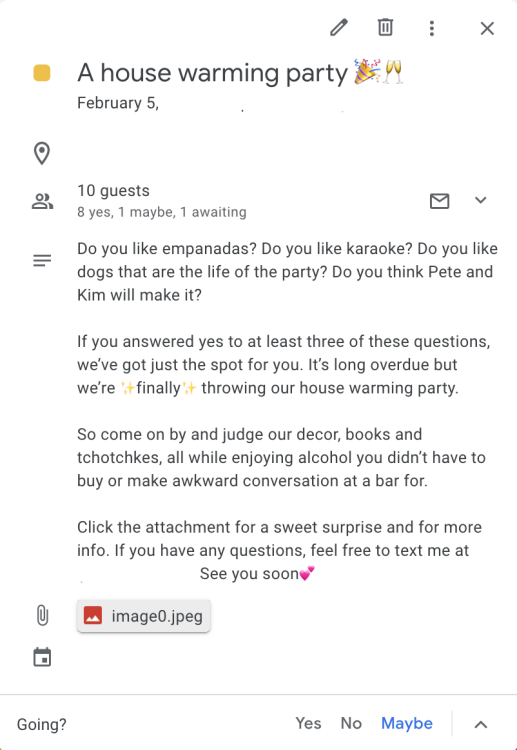 Une capture d'écran d'une invitation à une fête sur gCal