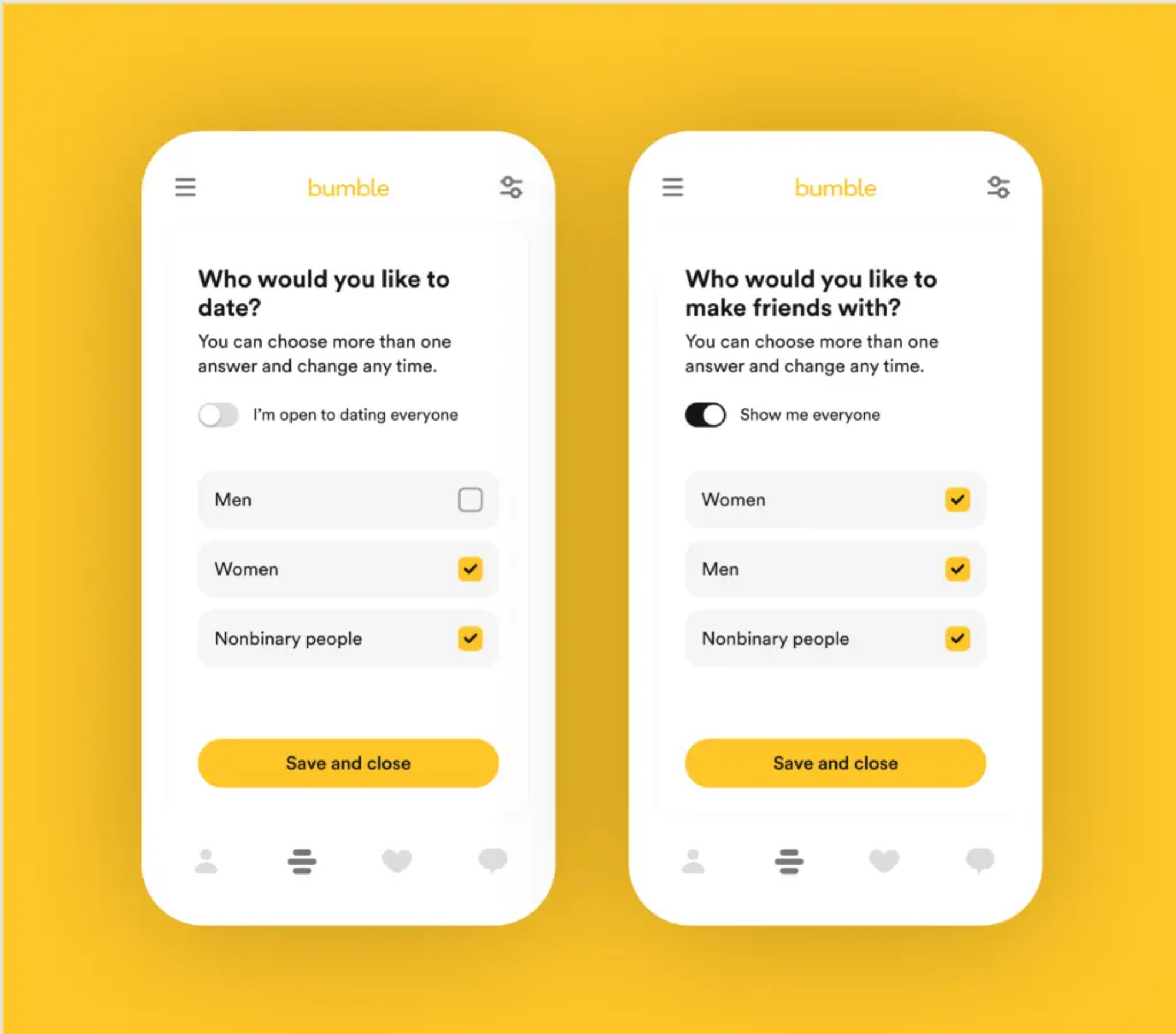 captures d'écran des options de recherche de sexe sur bumble date et bumble bff