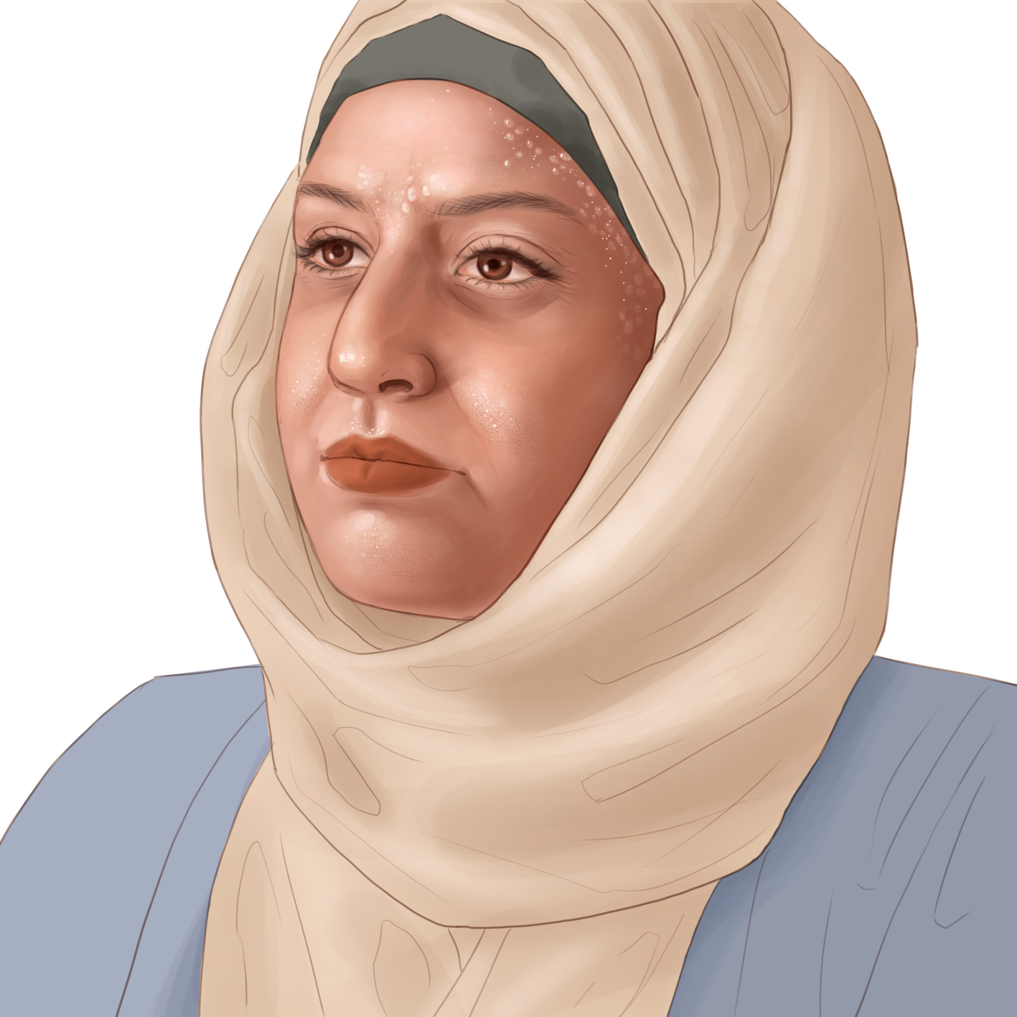 Une illustration d'une femme dans la cinquantaine portant un hijab, illustrant l'effet de la ménopause et des bouffées de chaleur sur sa santé physique.