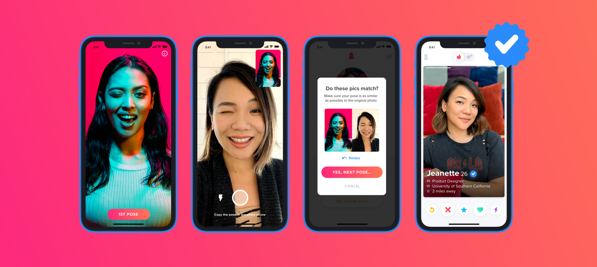 Une image avec plusieurs écrans de téléphone affichant le processus de vérification des photos de Tinder.