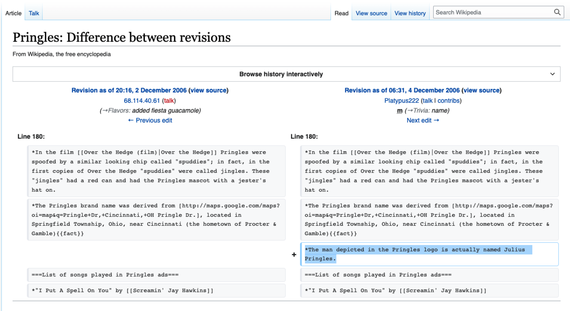 Capture d'écran de l'historique des modifications de Wikipédia.