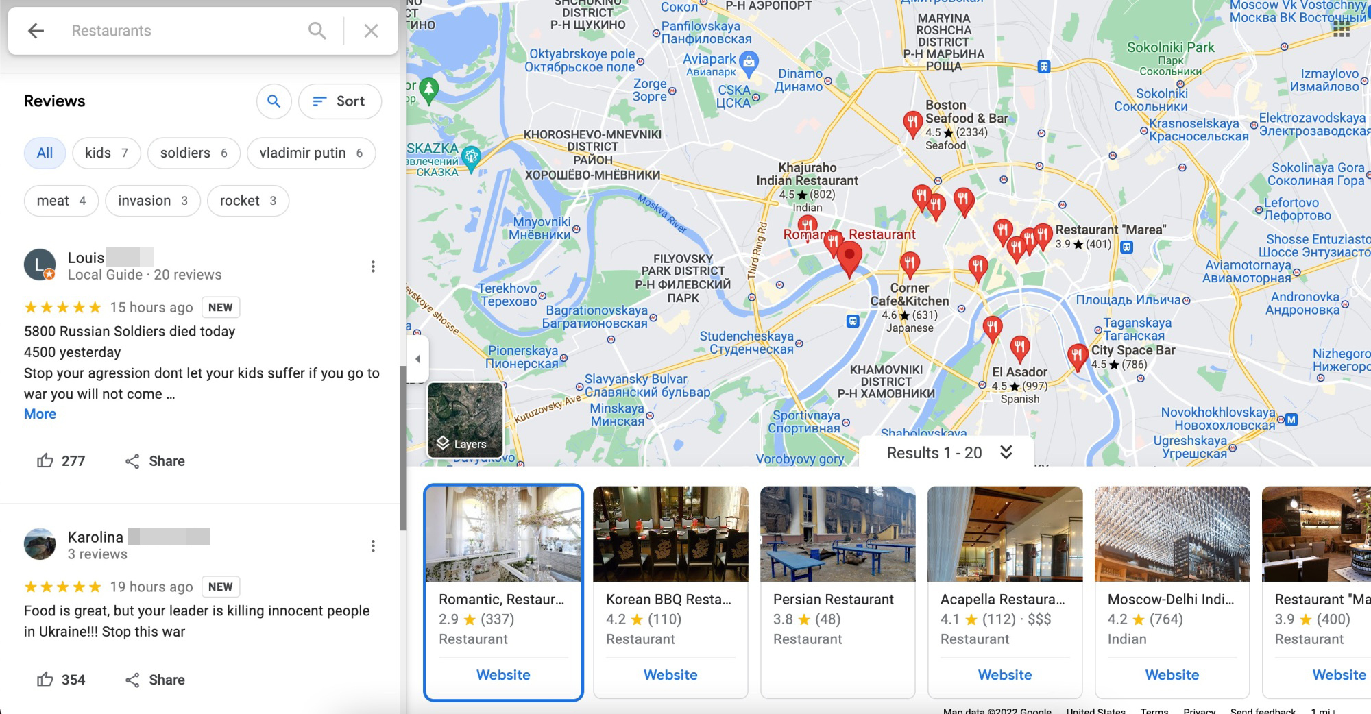 avis d'un restaurant russe sur google