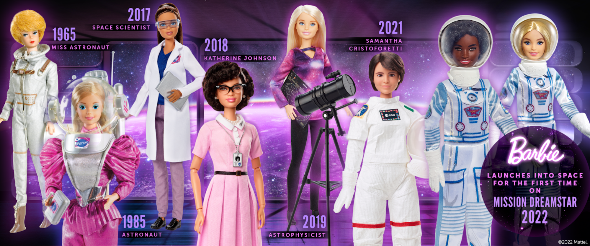Barbie portant des tenues sur le thème de l'espace au fil des ans