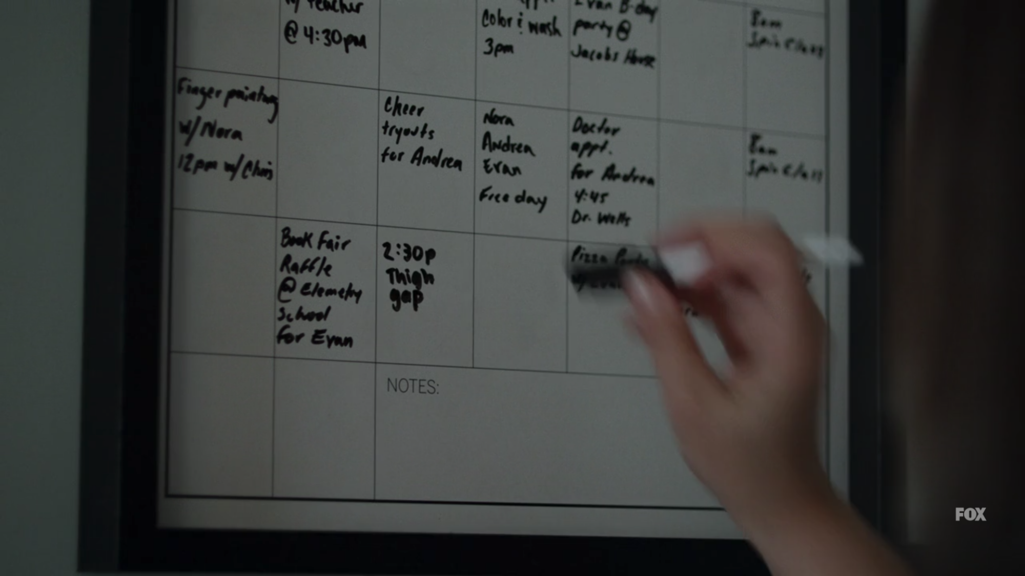 Une capture d'écran du calendrier de Jodie, qui montre qu'elle a écrit les mots "écart de cuisse."