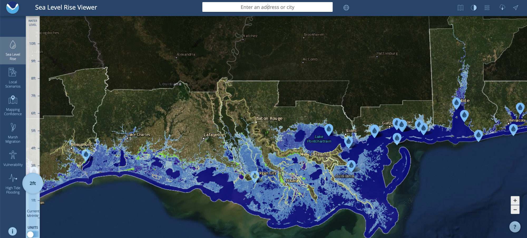 Une capture d'écran du Sea Level Rise Viewer de la NOAA montrant la côte sud inondée de la Louisiane