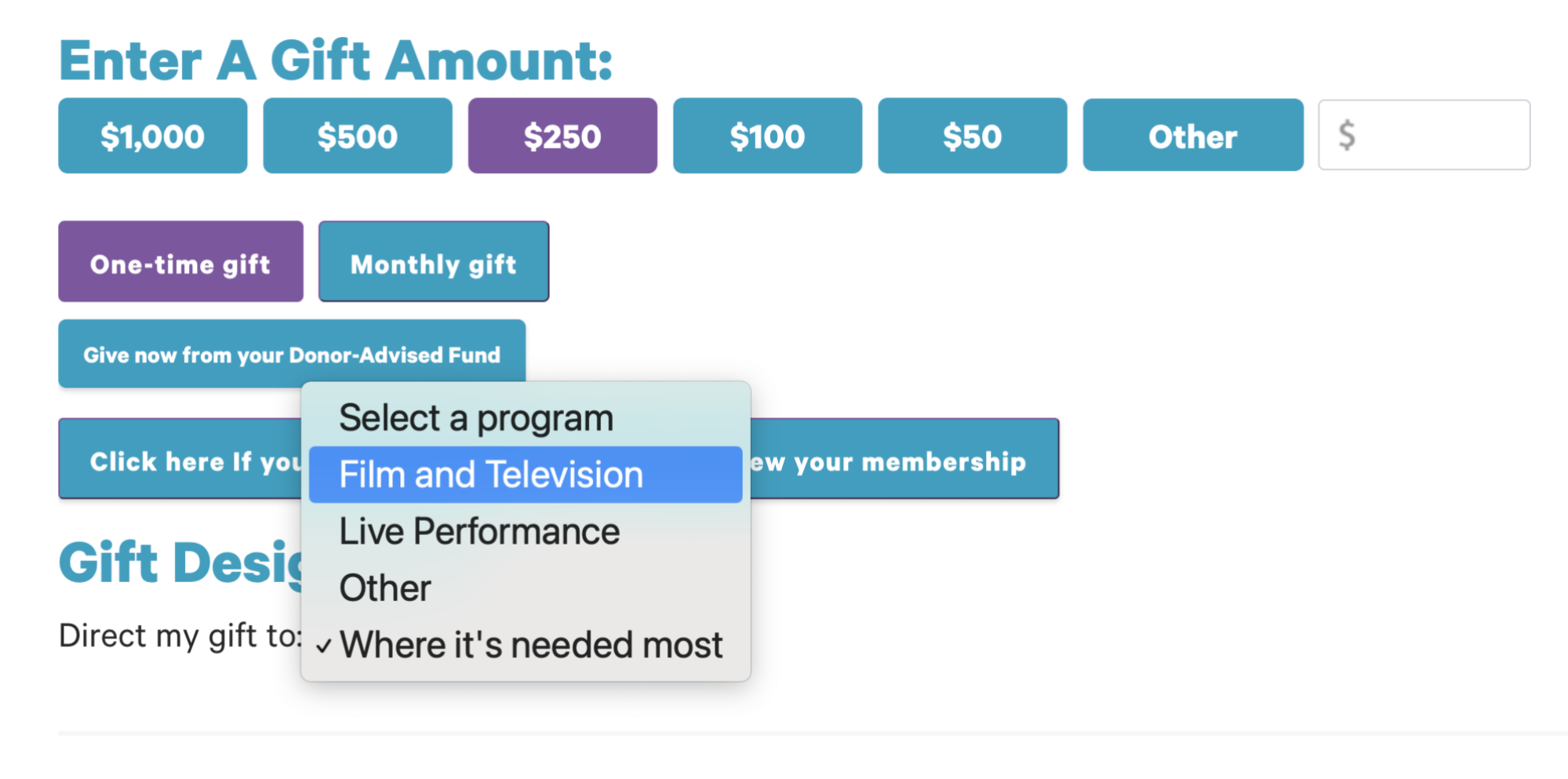 Une capture d'écran du portail de dons d'Entertainment Community Fund, montrant un menu déroulant pour 