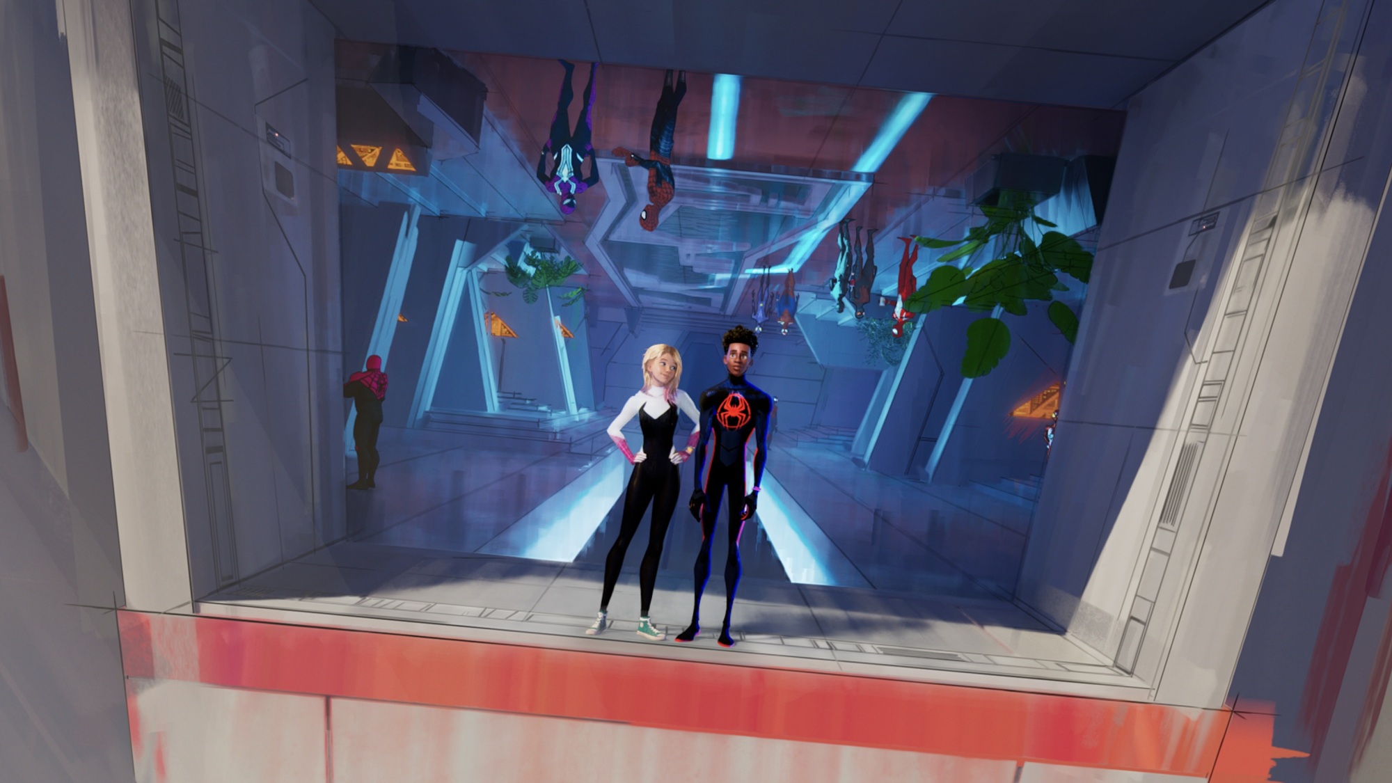 Gwen Stacy et Miles Morales dans leurs costumes d'araignée se tiennent dans un bâtiment massif plein d'autres Spider-People.