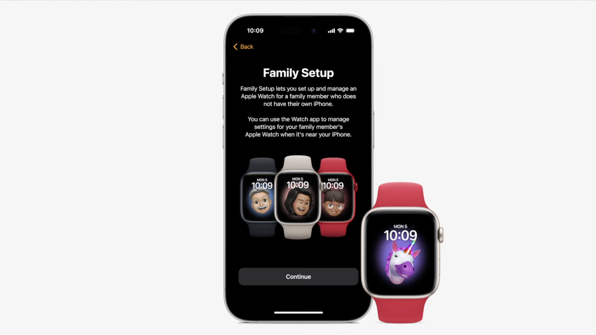 Un iPhone et une Apple Watch affichent un écran de configuration familiale. 