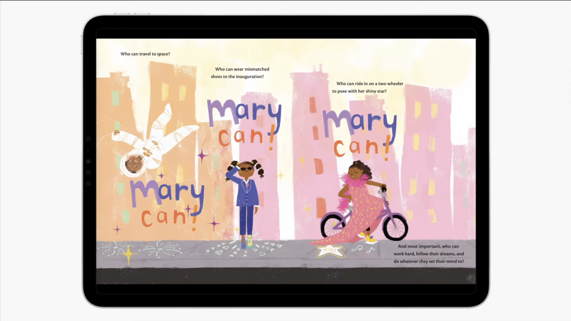 Un iPad affiche une page illustrée d'un livre électronique pour enfants.