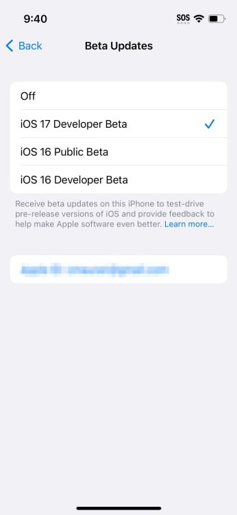 Option bêta développeur iOS 17 dans le paramètre de mise à jour logicielle