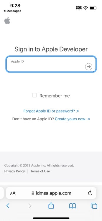 Page de connexion à l'identifiant Apple sur le site des développeurs Apple