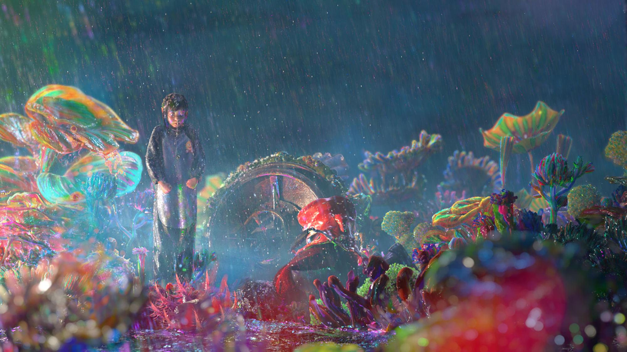 Une jeune fille se tient au milieu d'un champ pluvieux de plantes océaniques colorées.