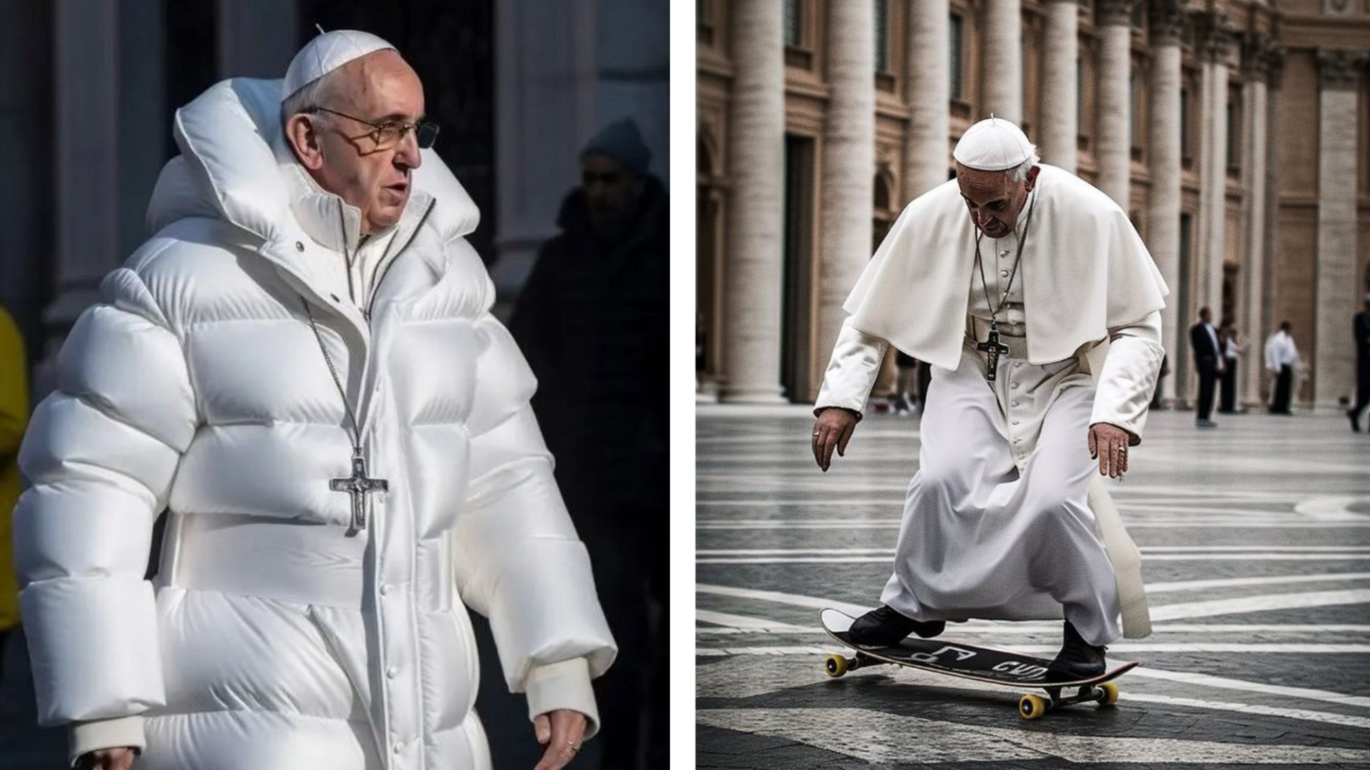 Photos générées par l'IA du pape François vêtu d'une doudoune blanche et faisant du skateboard