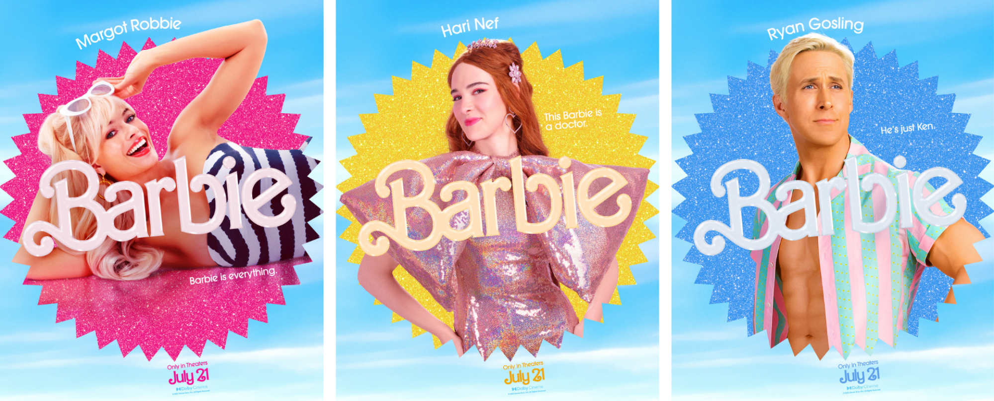 Trois affiches officielles de Barbie.