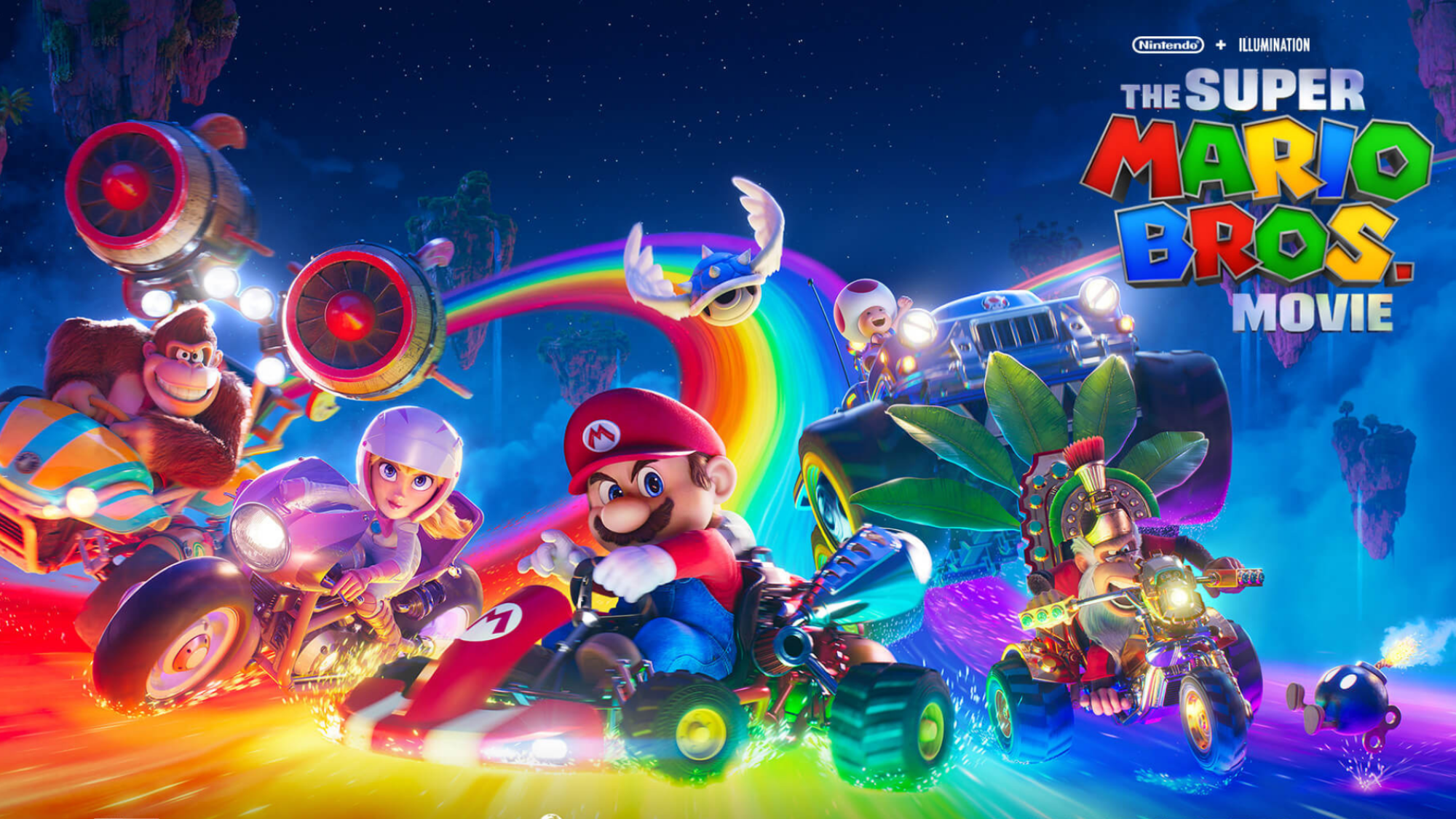 Affiche officielle du film Mario Bros., avec tous les personnages sur les karts.