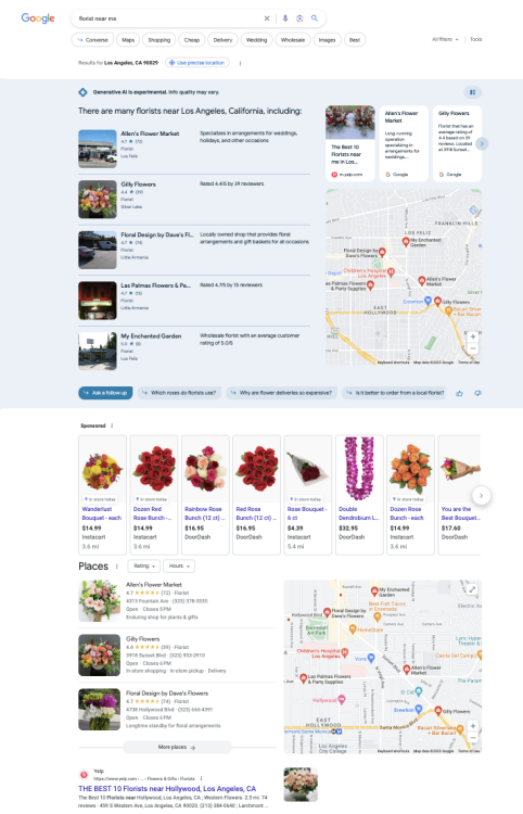 un résultat Google Search Generative Experience résultat sur les fleuristes