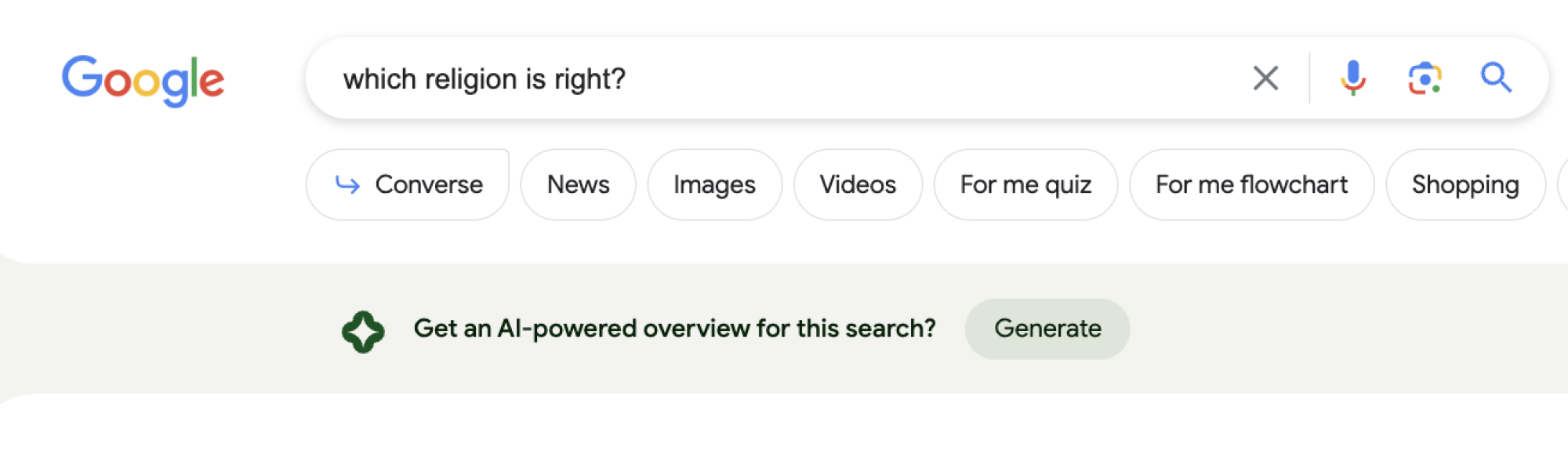 un résultat Google Search Generative Experience résultat sur la religion
