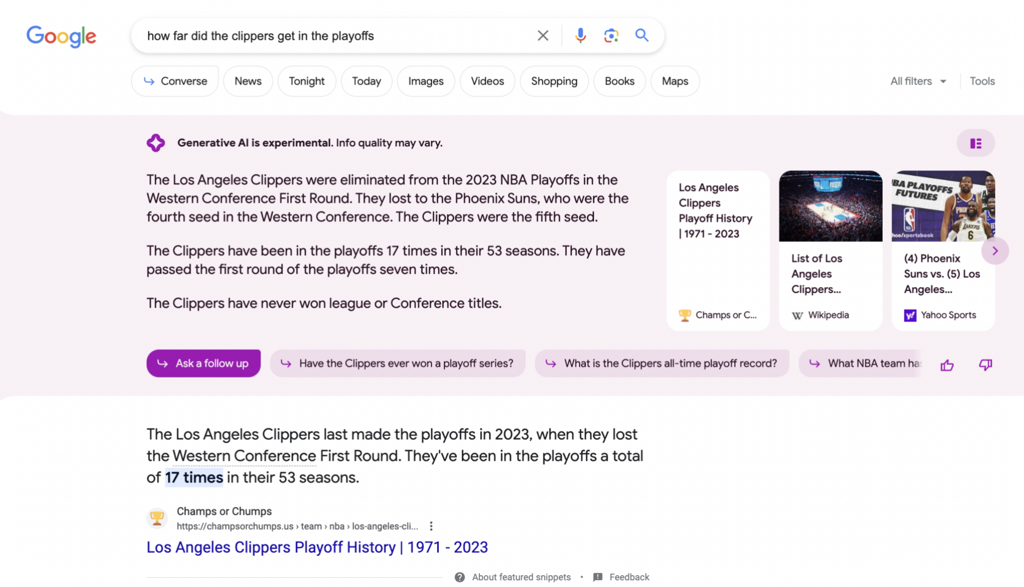 un résultat Résultat Google Search Generative Experience sur la NBA