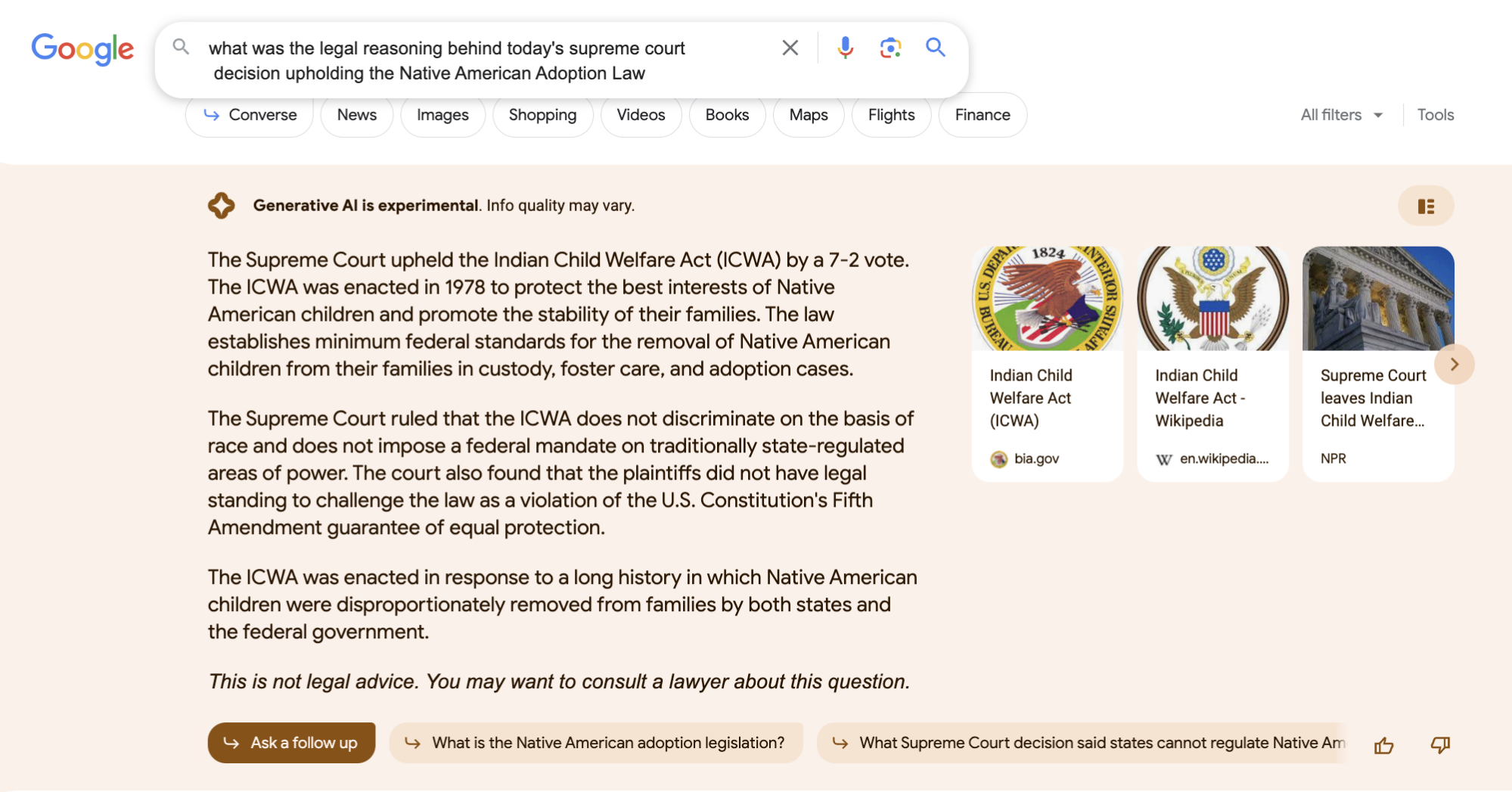 un résultat Résultat Google Search Generative Experience sur la Cour Suprême