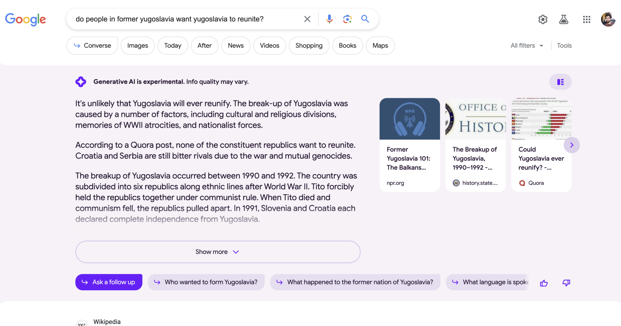 un résultat Google Search Generative Experience résultat sur la Yougoslavie