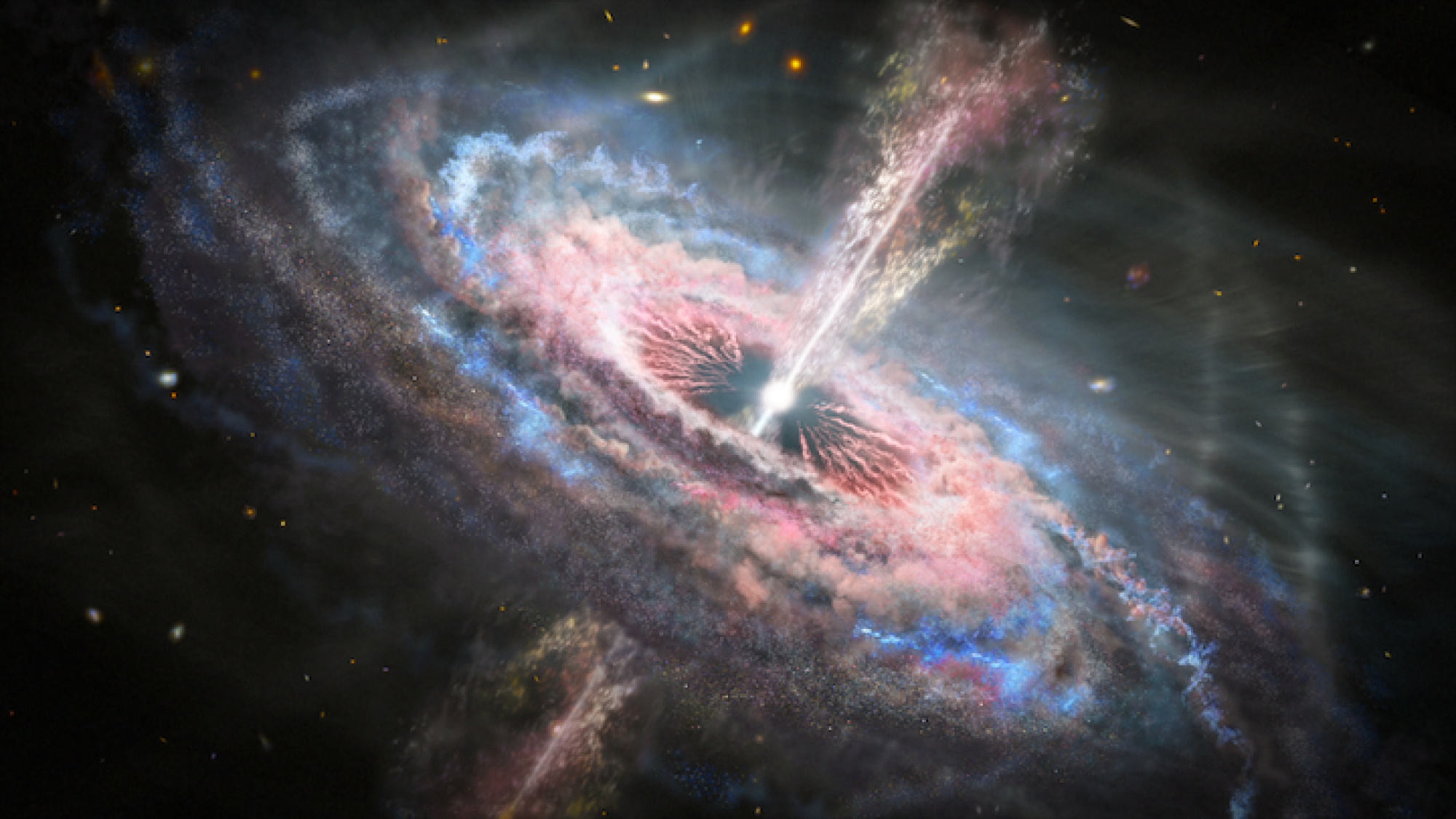 Illustration d'artiste d'un quasar dans un centre galactique.