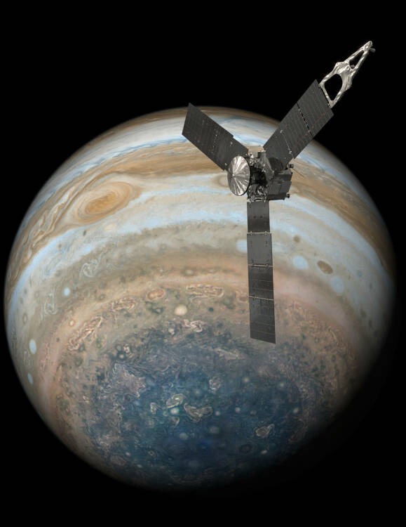 Une illustration du vaisseau spatial Juno en orbite autour de Jupiter.