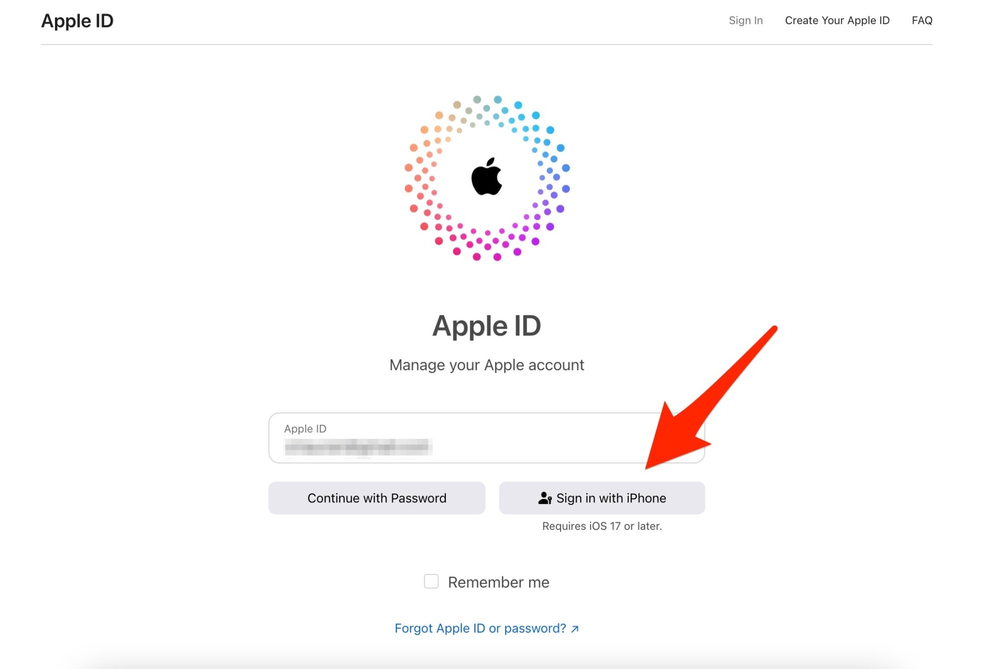 Page de connexion Apple ID avec possibilité de se connecter avec l'iPhone