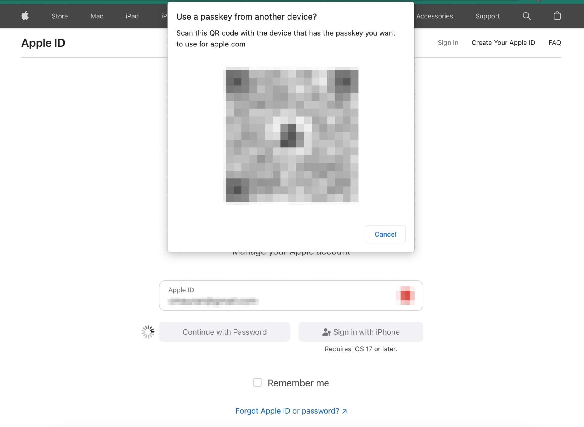 Code QR sur la page de connexion de l'identifiant Apple