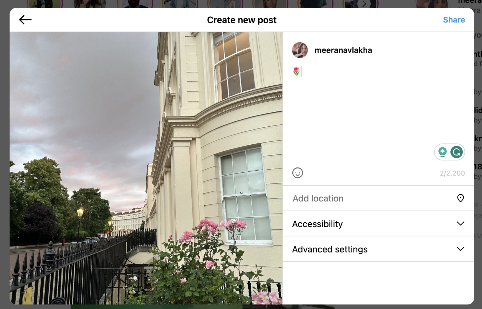 Une capture d'écran d'Instagram sur le Web, avec la section de légende.