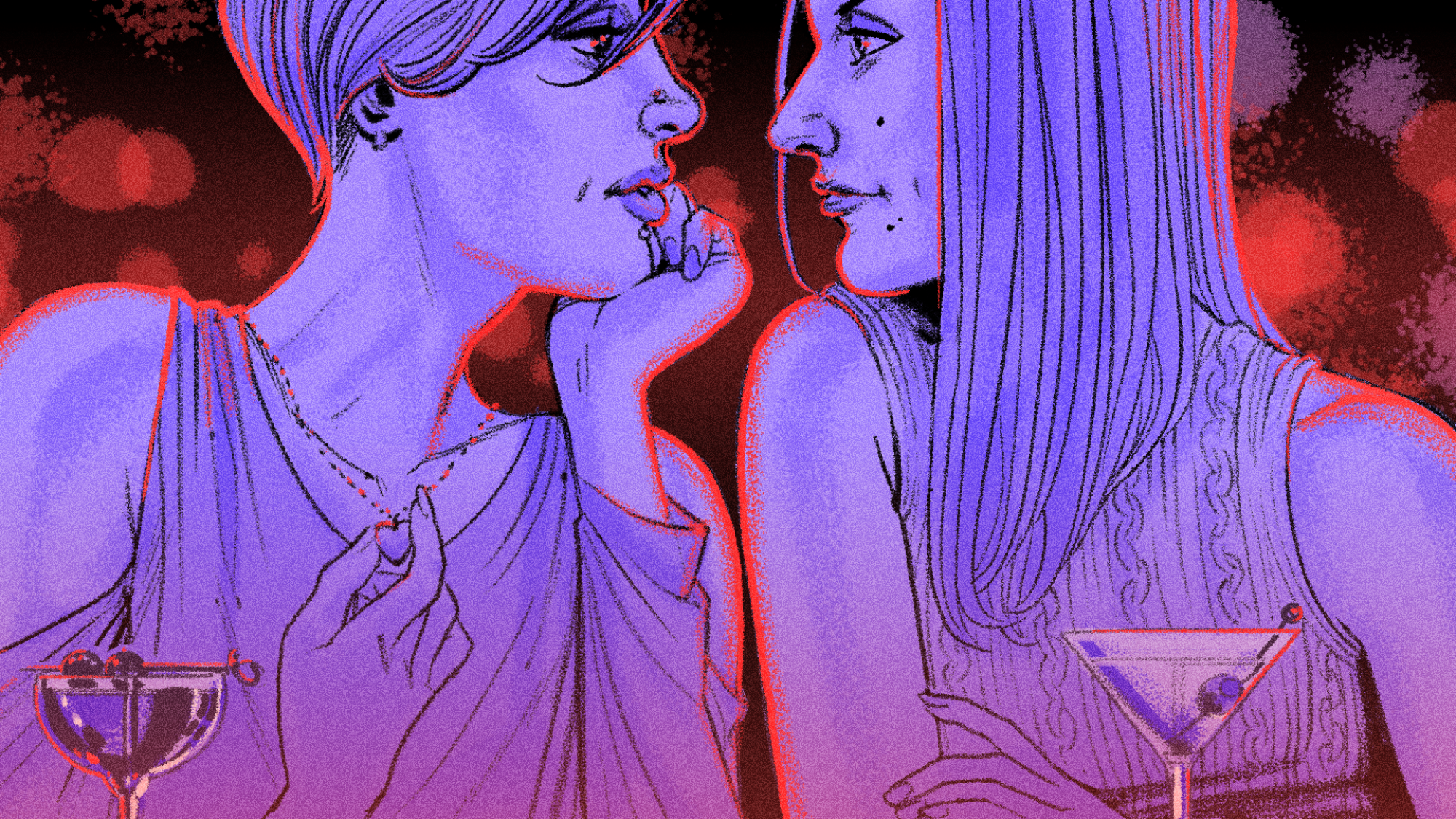 Une illustration d'un couple se regardant autour d'un cocktail.
