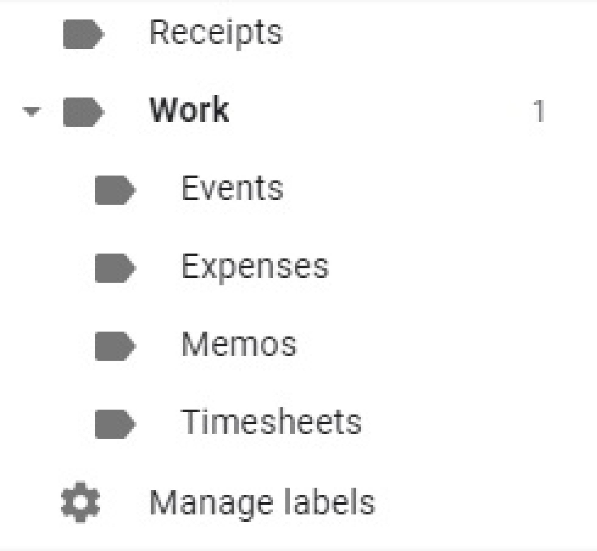 Une capture d'écran Gmail montrant plusieurs étiquettes imbriquées. 