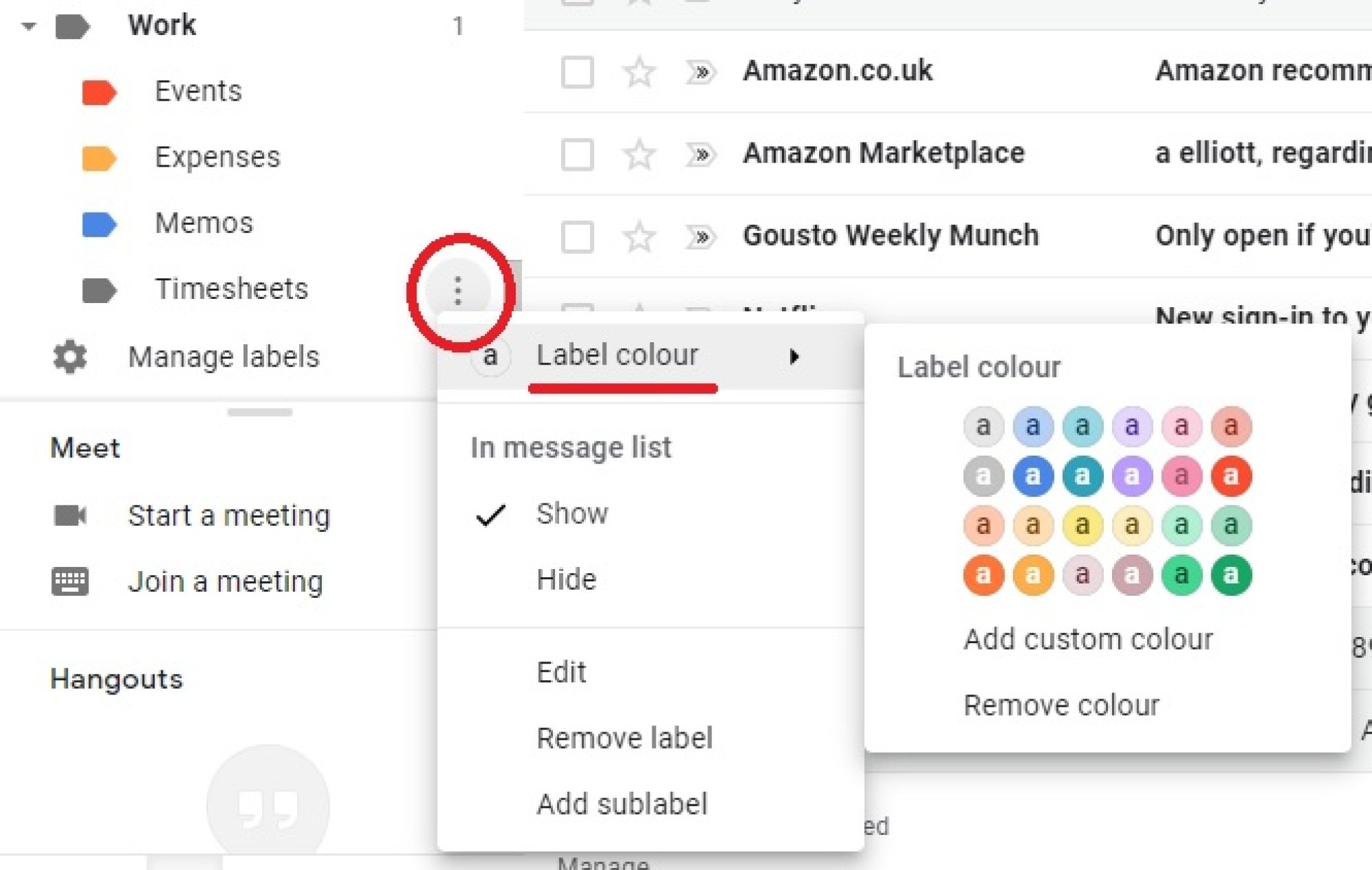 Une capture d'écran Gmail mettant en évidence l'option de couleur des étiquettes de code. 