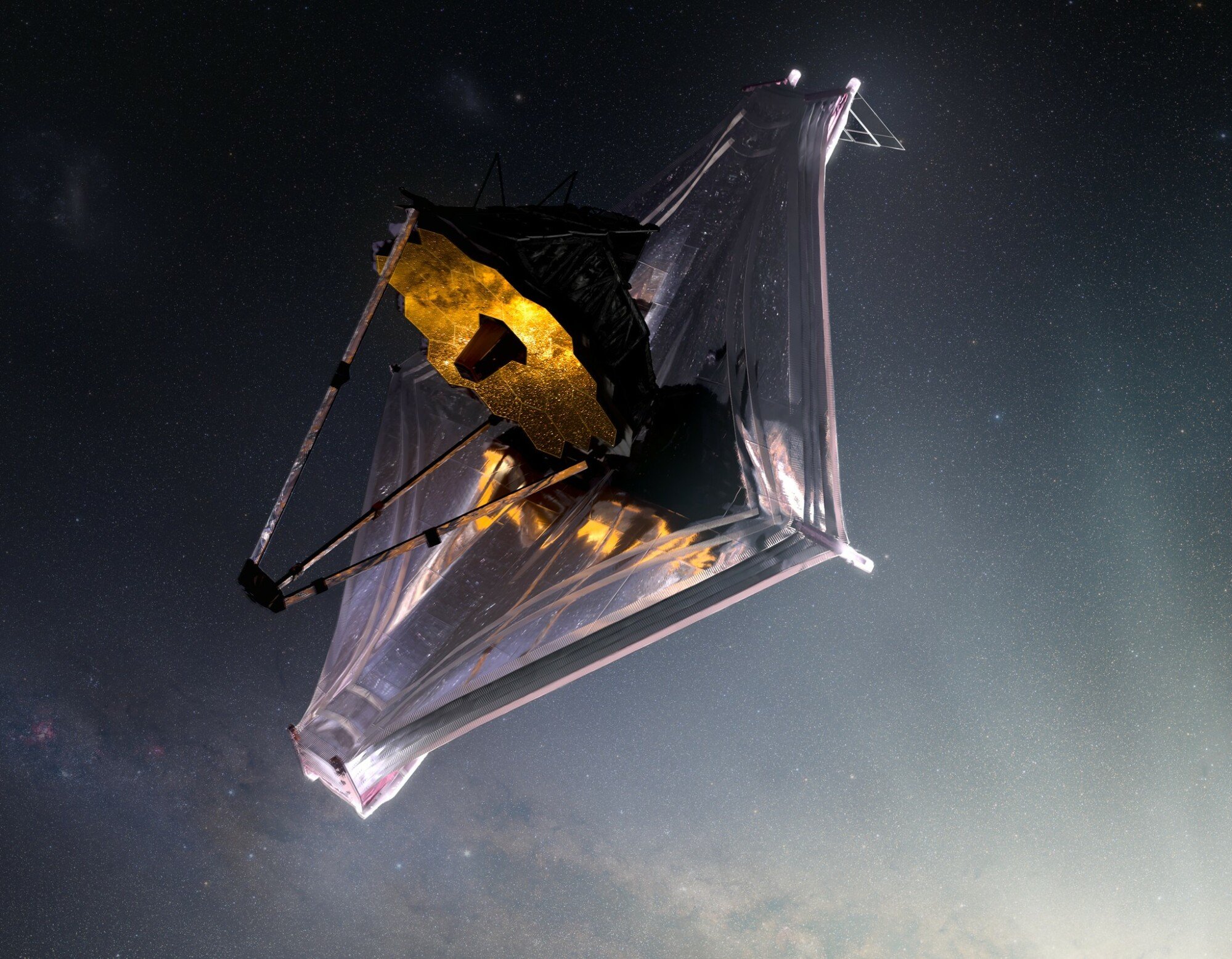 Illustration d'un artiste du télescope spatial James Webb en orbite autour du soleil à 1 million de kilomètres de la Terre.