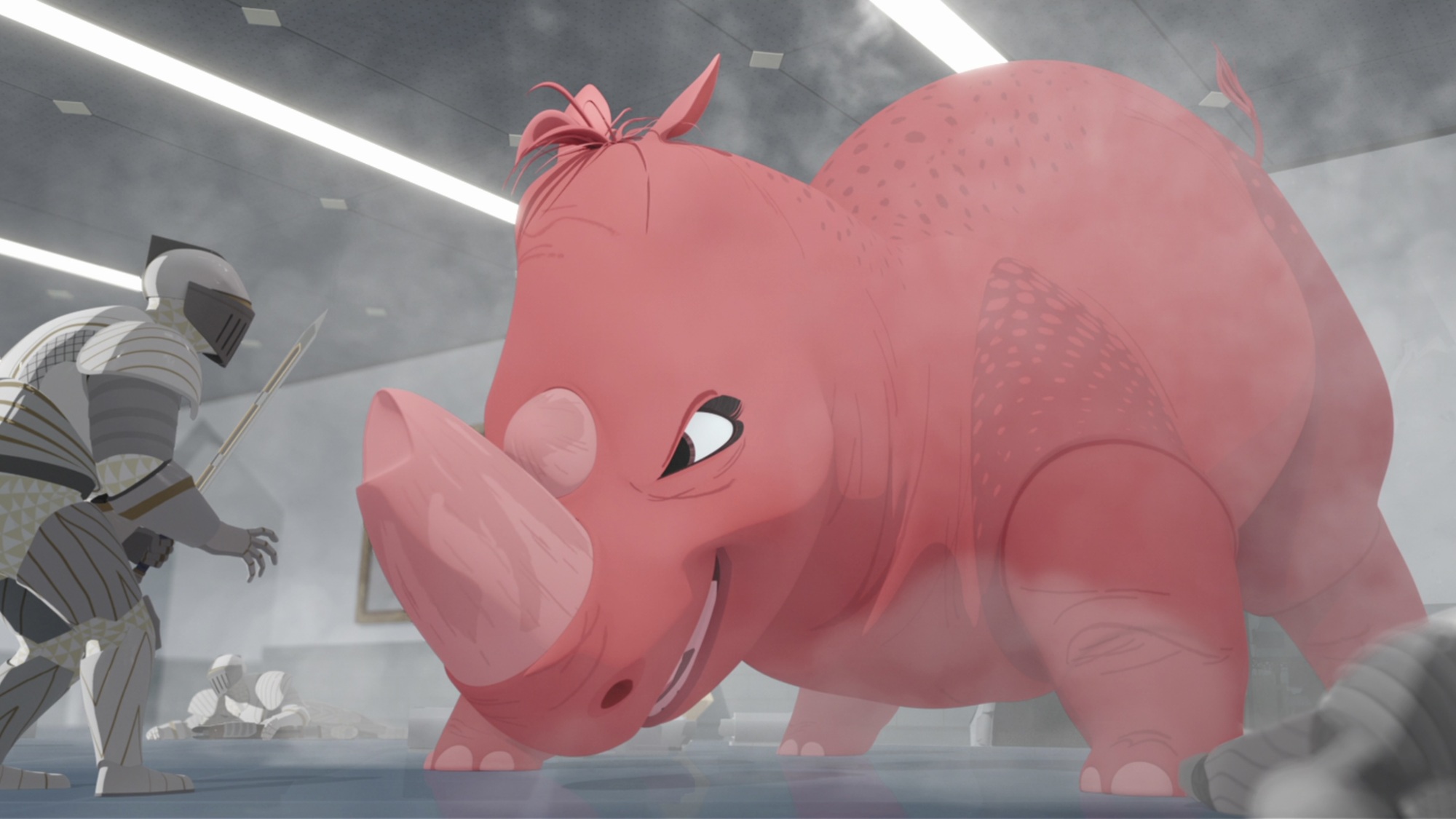 Un rhinocéros rose fait face à un chevalier terrifié.