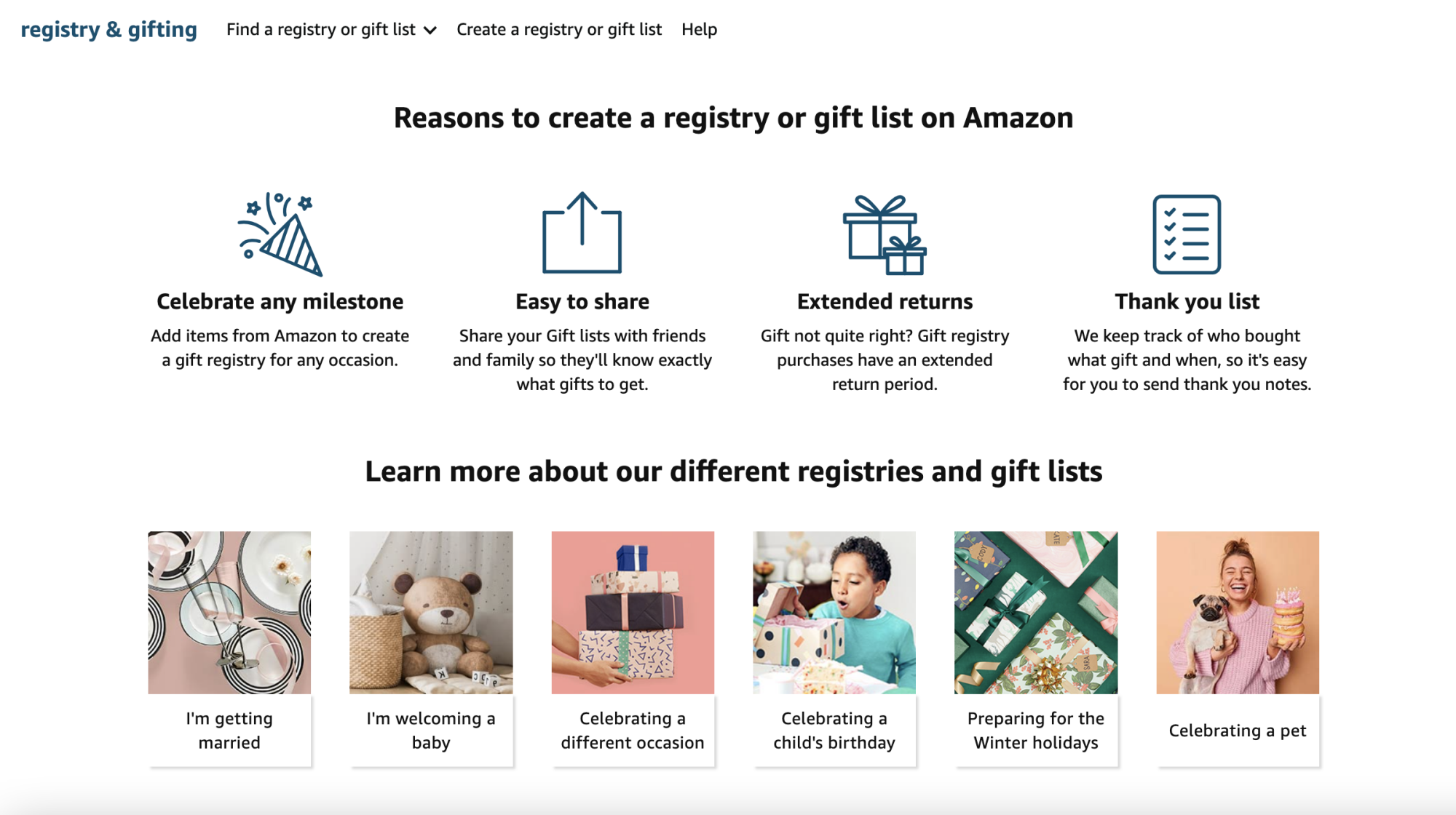 Une capture d'écran de la page Amazon Registry and Gifting.