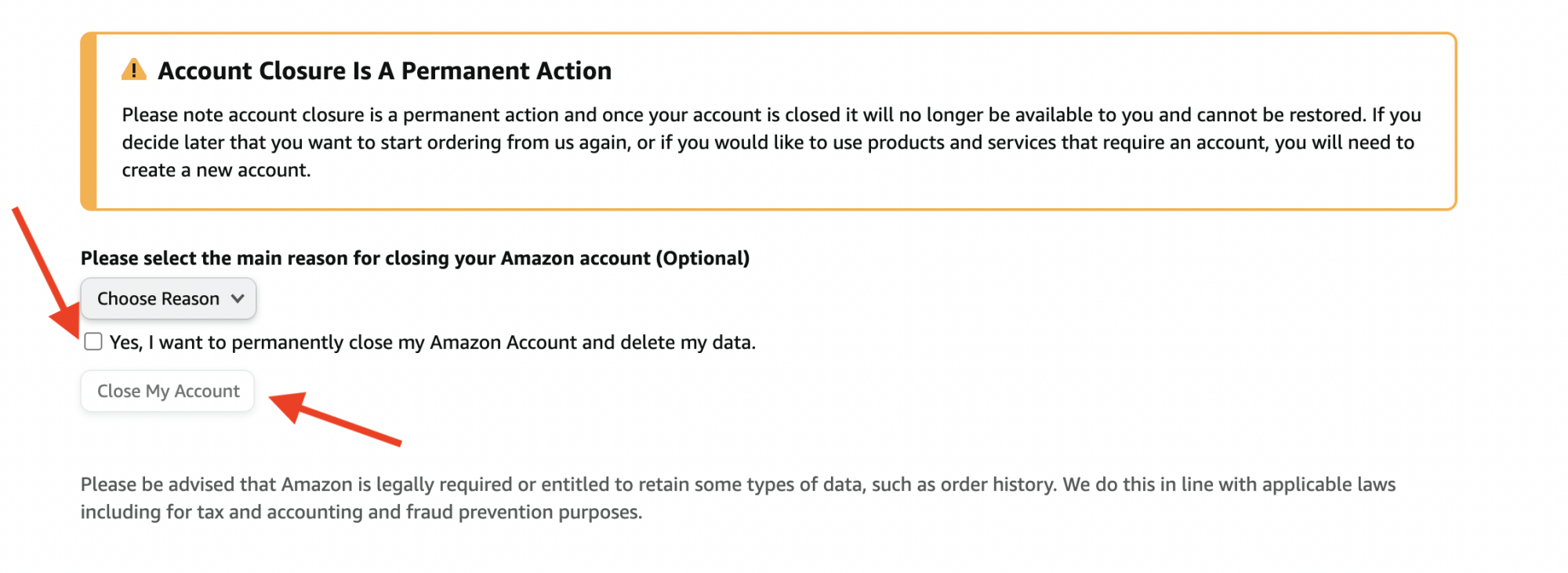 capture d'écran de la page où vous fermez le compte amazon avec des flèches rouges pointant vers les boutons de suppression