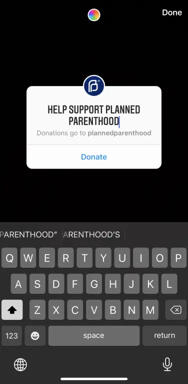 Une capture d'écran de l'écran de modification de l'autocollant de don Instagram.