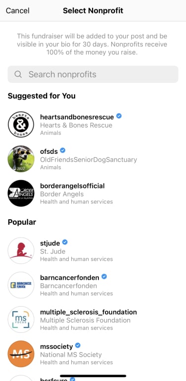 Une capture d'écran des paramètres de publication de l'application Instagram, montrant comment sélectionner une organisation à but non lucratif à soutenir.