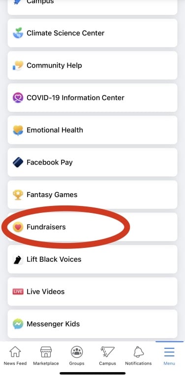 Une capture d'écran du menu du profil Facebook, avec un cercle rouge autour de la section des collectes de fonds.