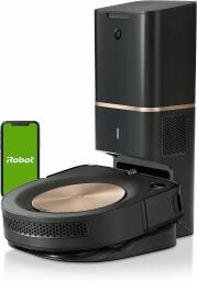 Roomba s9 sur station d'accueil à vidage automatique et smartphone avec écran iRobot vert