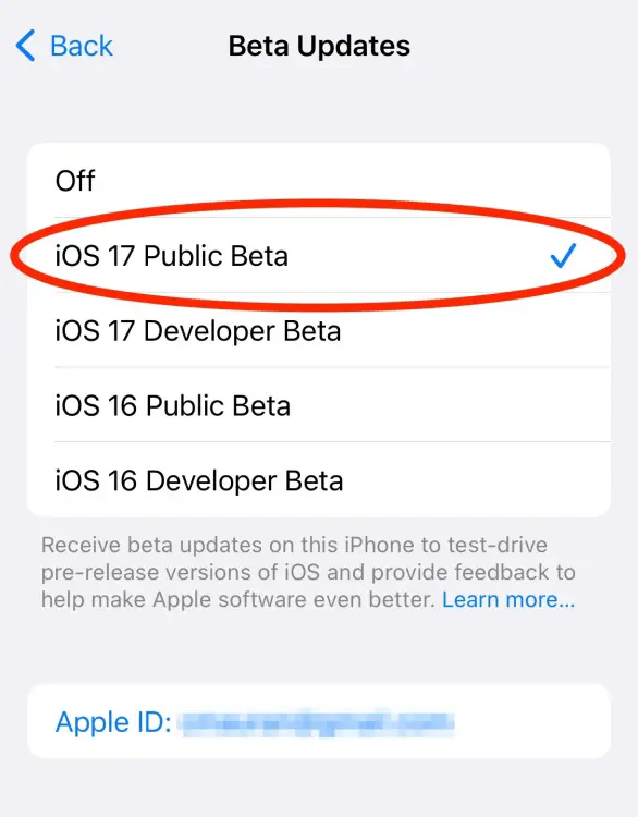 Cochez la version bêta publique d'iOS 17 dans la page des mises à jour bêta sur un iPhone