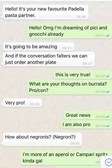 Une capture d'écran des messages WhatsApp sur le dîner. 